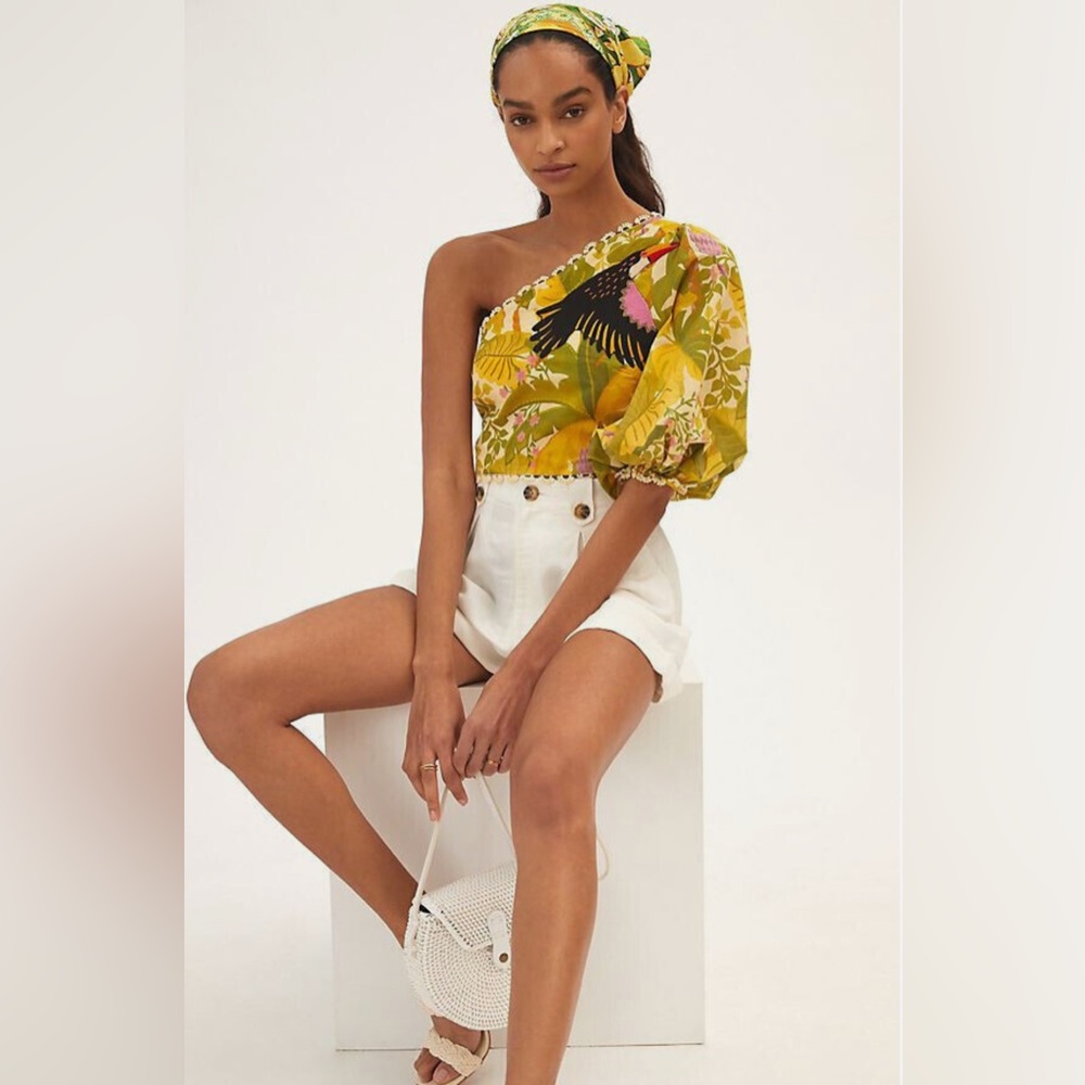 FARM Rio Yellow Embroidered One-Shoulder Blouse